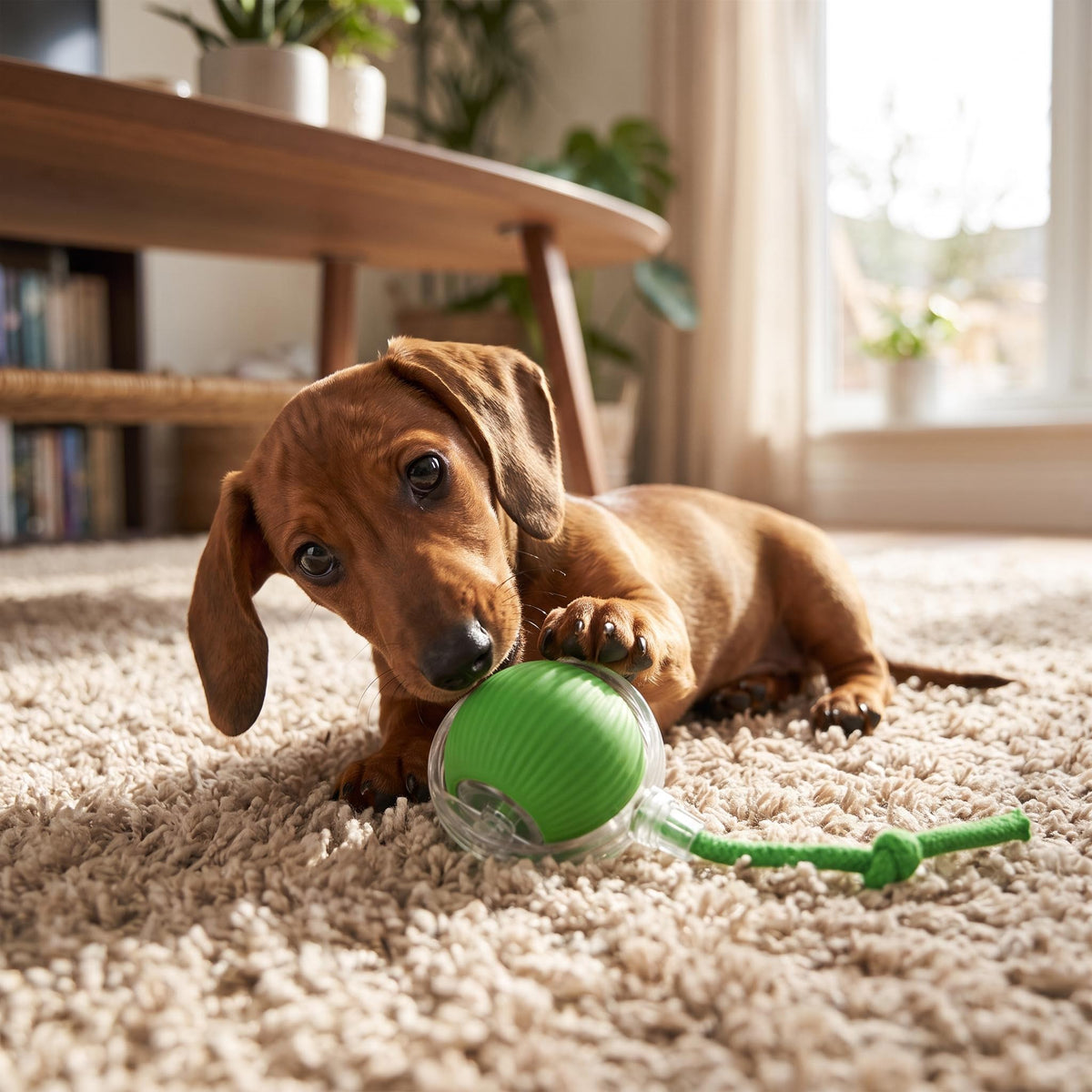 Dachshund playing with the rolling ball on a rug