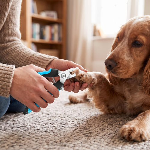 Trimming a cocker spaniel's nail at home with the clippers