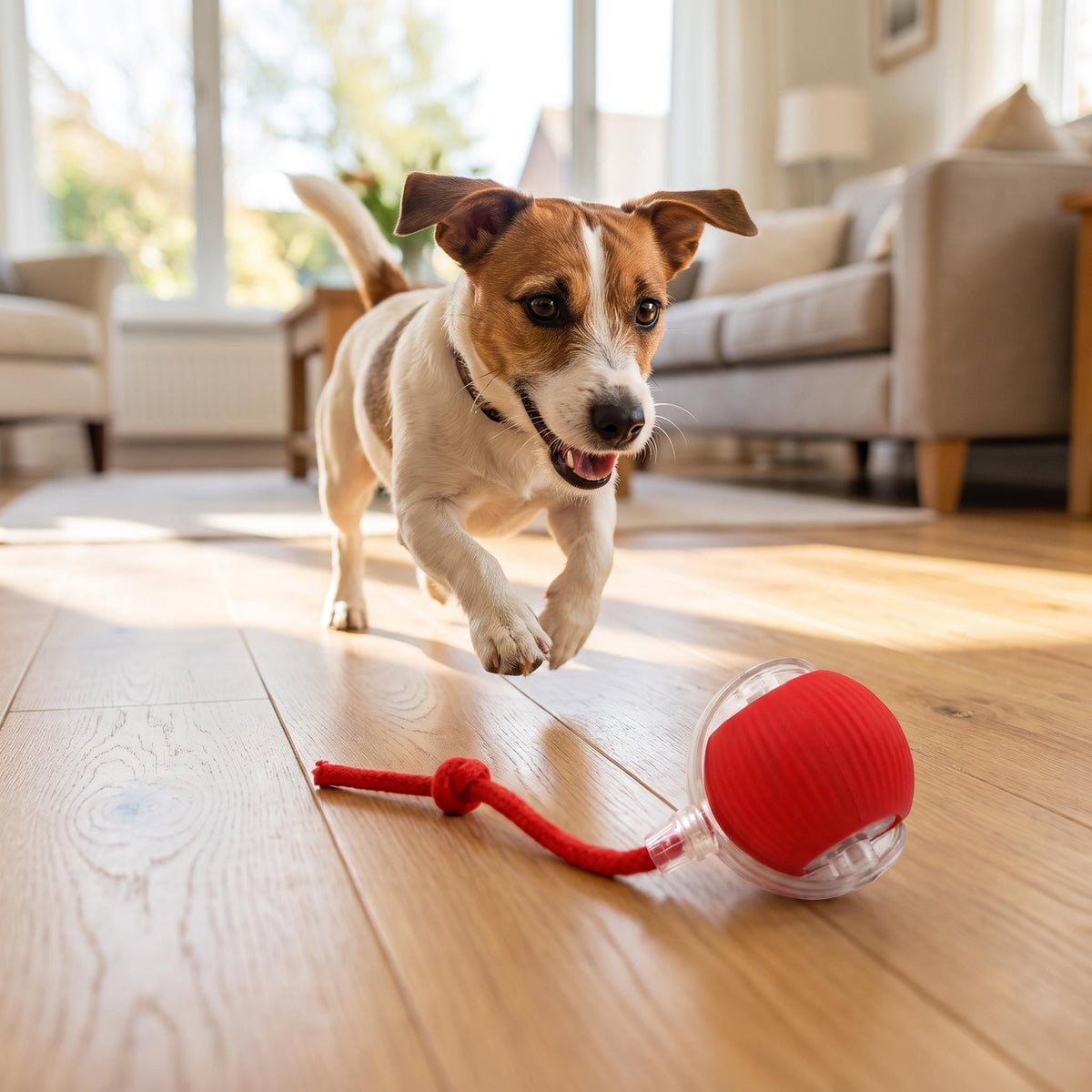 Jack Russell chasing the rolling ball across the living room