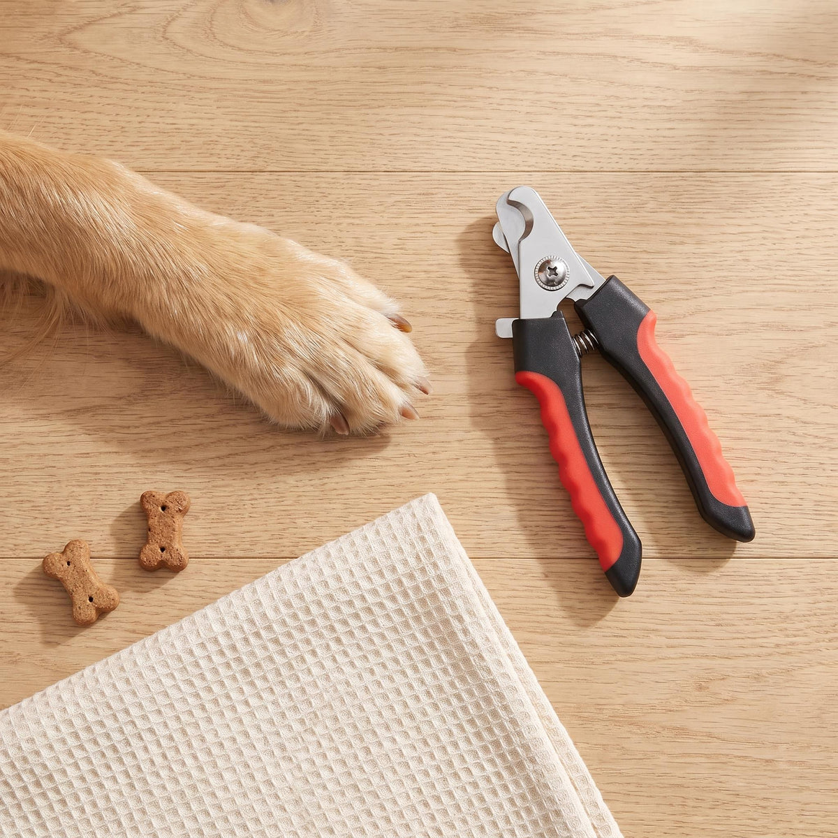 Dog nail clippers next to a paw, towel and treats