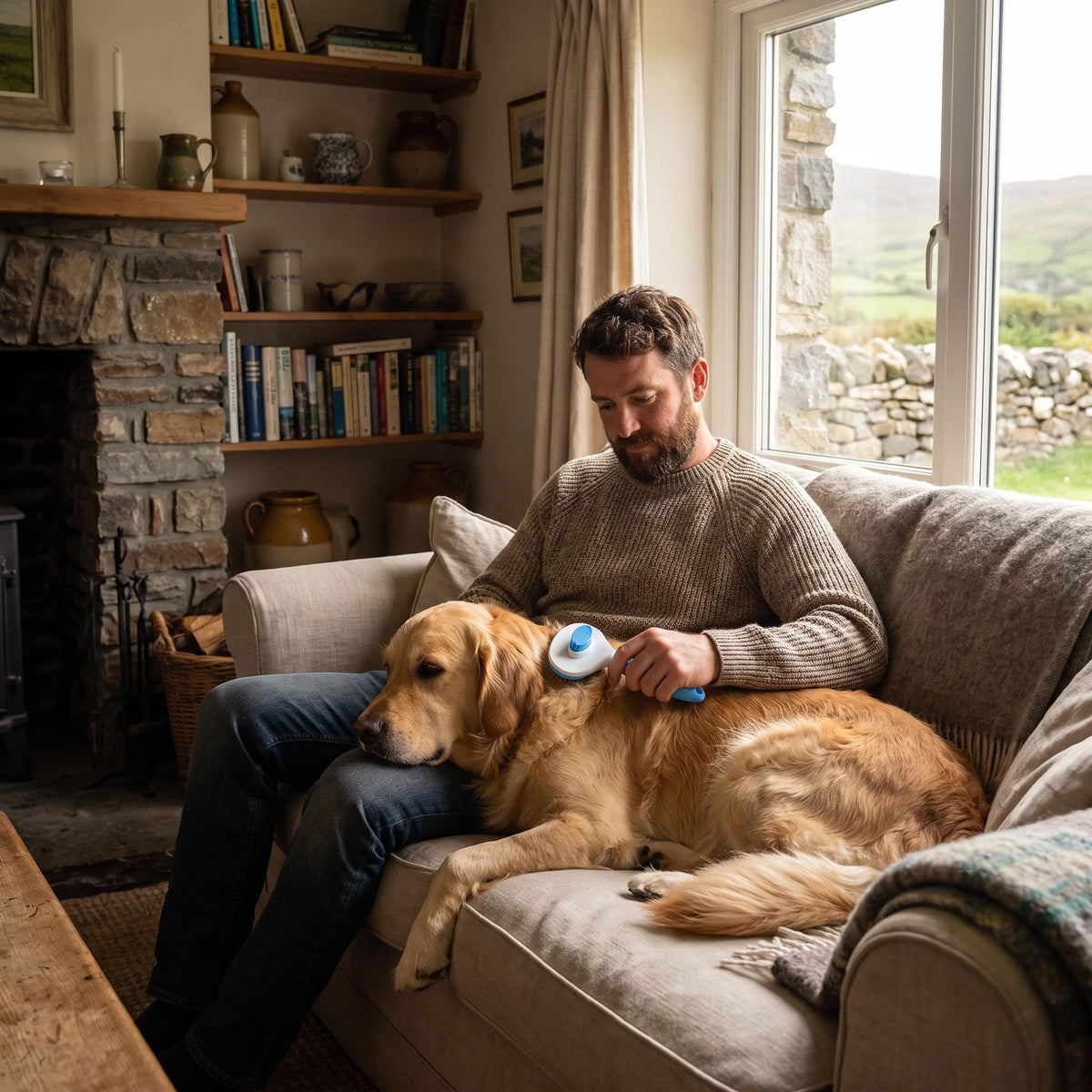 Brushing a golden retriever on the sofa with the self-cleaning brush