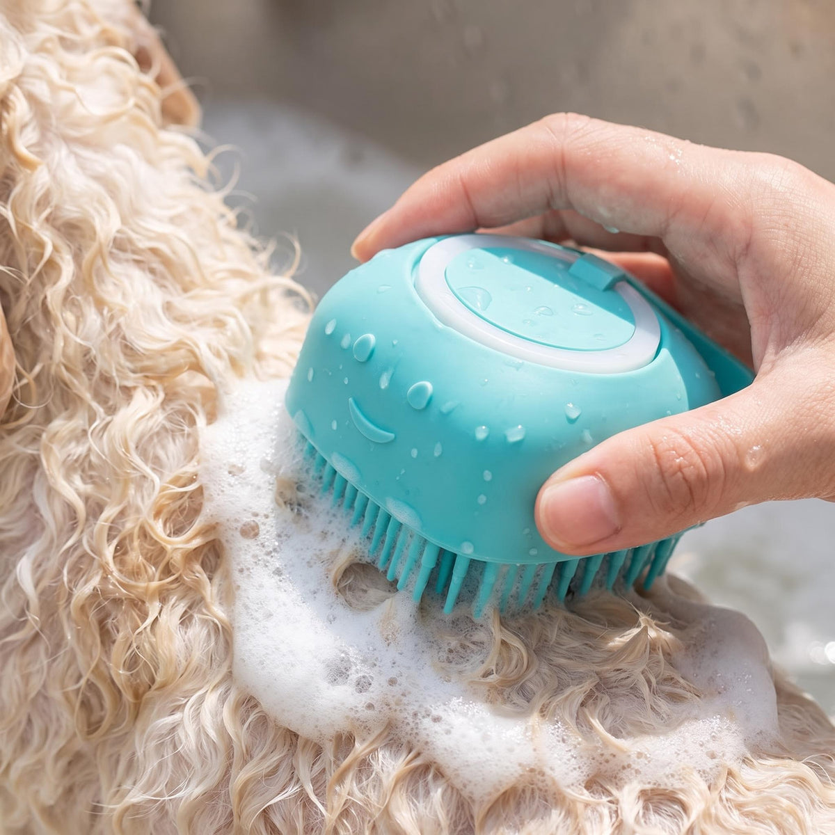 Squeeze the brush and shampoo foams straight onto the coat