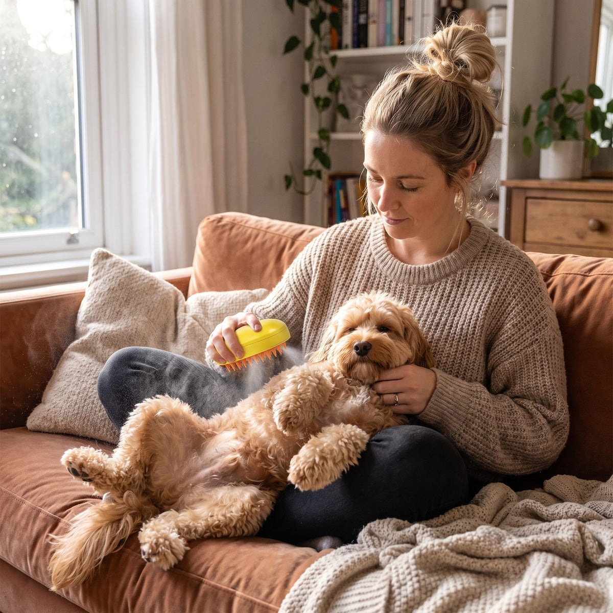 Brushing a cockapoo on the sofa with the steam brush