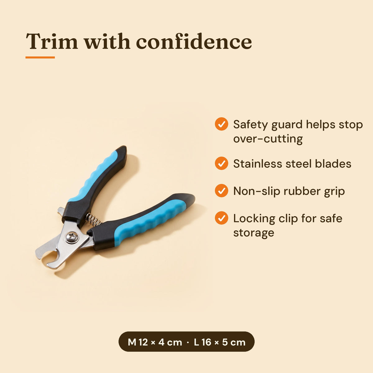 Nail clipper features and sizes: M 12 x 4 cm, L 16 x 5 cm