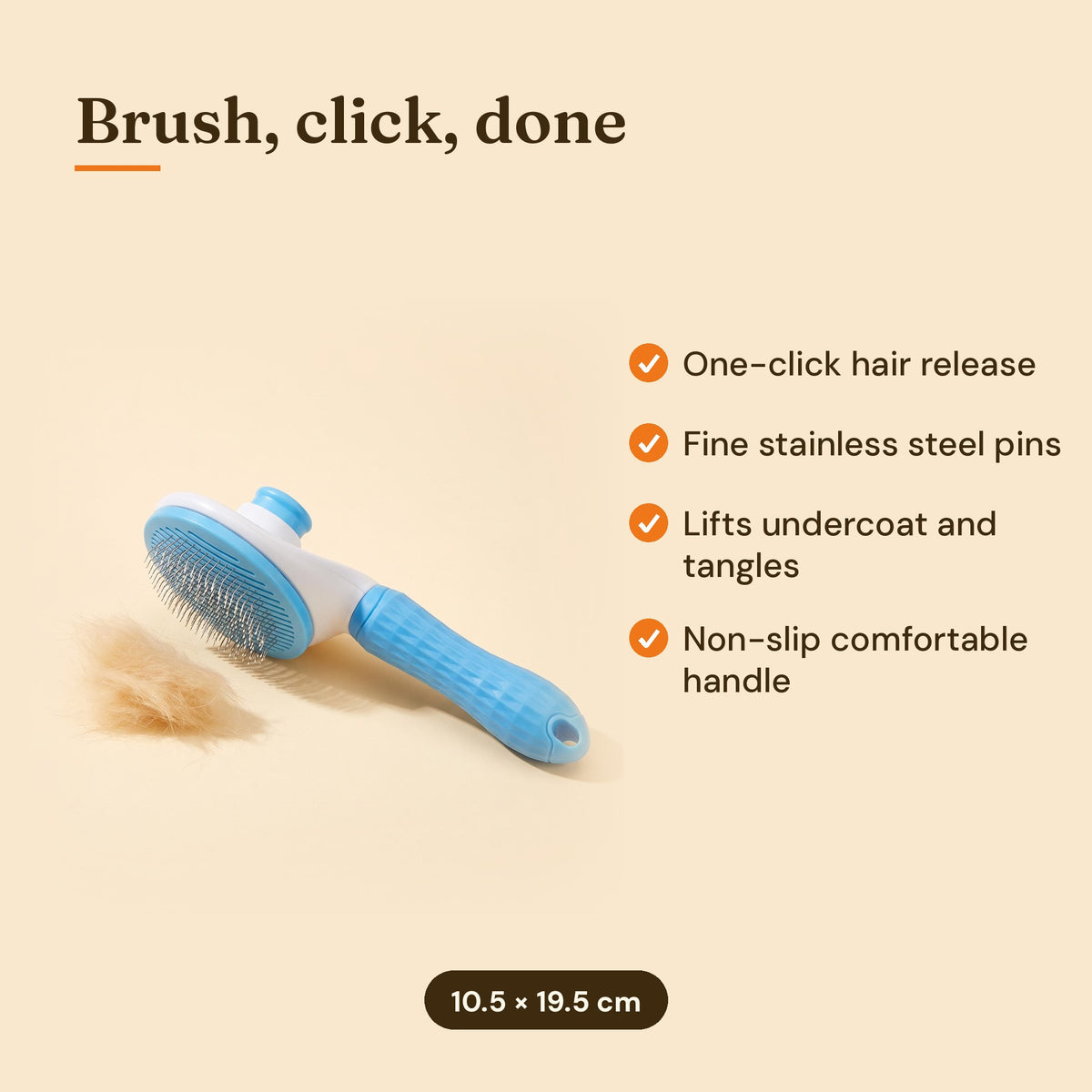 Self-cleaning brush features and size: 10.5 x 19.5 cm
