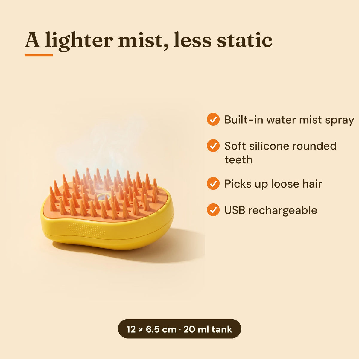 Steam brush features and size: 12 x 6.5 cm, 20 ml tank
